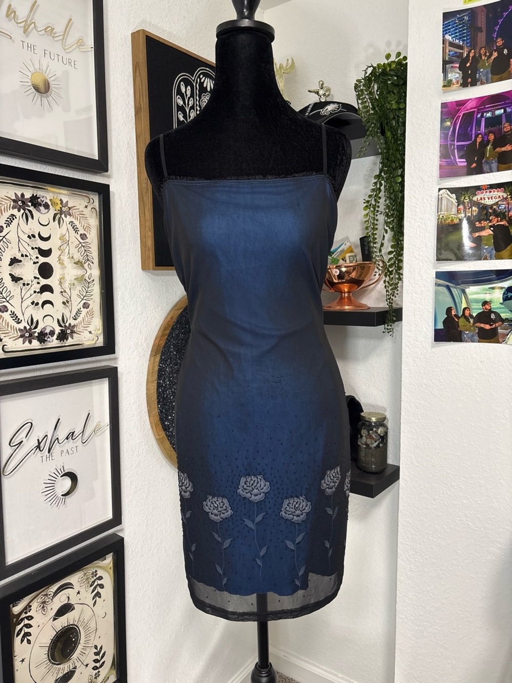 Vintage 90s The Original USA Blue Ombre Mesh Overlay Embroidered Rose Dress L
